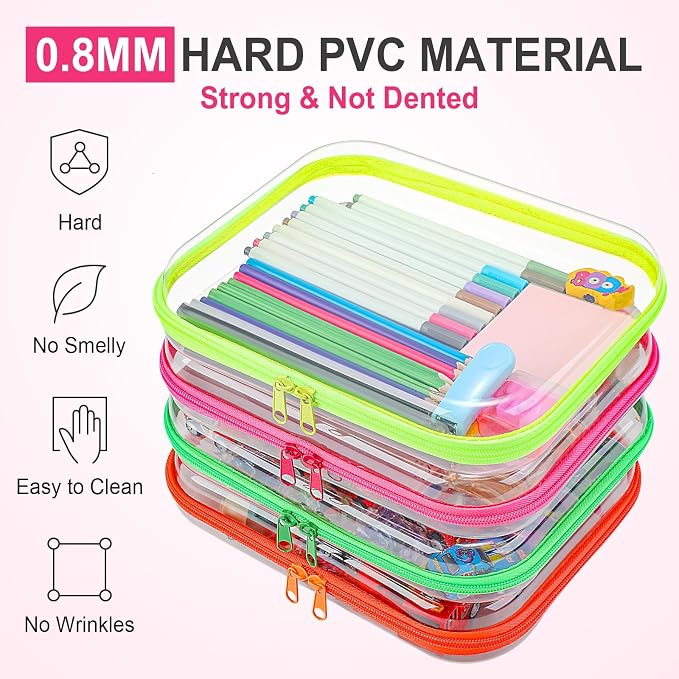 Hoolerry 4 Pcs Hard Clear Zipper Case Makeup Bags Plastic Zipper Pouch Transparent Storage Box Containers for Cosmetics, Snacks, Building Blocks, Puzzles(Clear,9.8 x 7.9 x 2 in,Fluorescent) - Image 4
