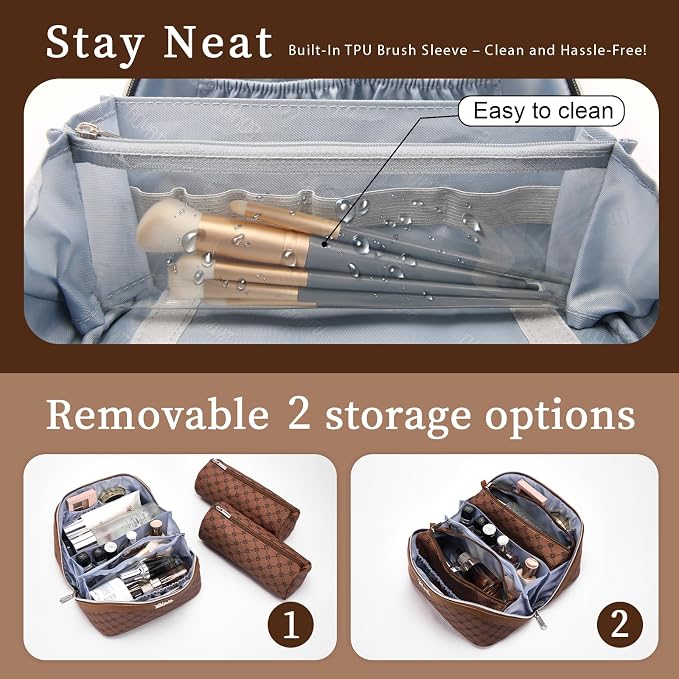 BOYATU Travel Makeup Bag Cosmetic Bags for Women: 3 Pcs Set Large Capacity Make up Bag with Handle - Vegan Leather Toiletry Bags with Compartments - Makeup Organizer for Travel Essentials(A-6-Brown) - Image 4