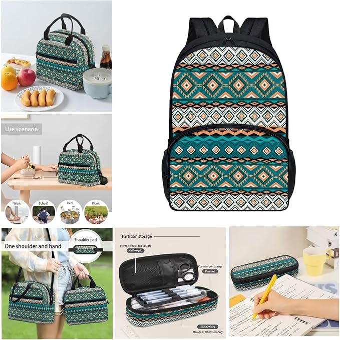 Turquoise Tribal Aztec Backpack with Lunch Box and Pencil Case Girls Comfy Padded Cute School Backpack Set of 3 Bookbag for Student Lightweight Large Capacity Daypack - Image 4
