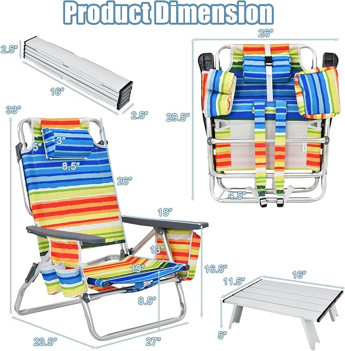 Giantex Folding Beach Chair, Patio Sling Chairs with 5 Adjustable Position, Head Pillow, Storage Bag, Towel Bar, Cup Holders, Backpack Chairs for Sunbathing, Camping Chair - Image 3