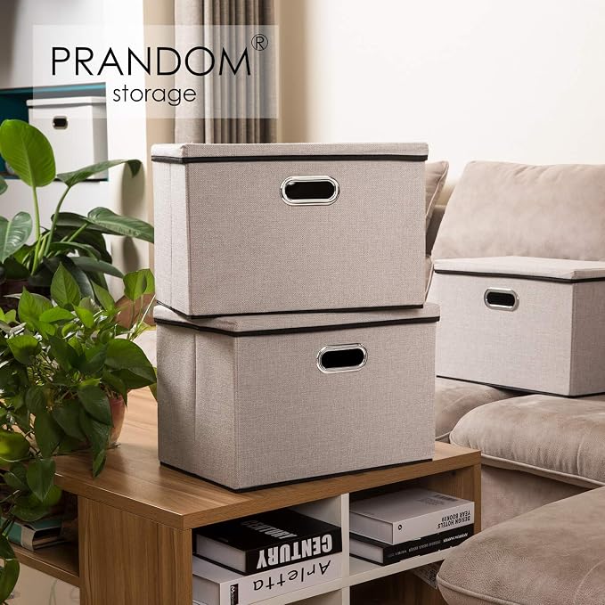 PRANDOM Large Foldable Storage Bins with Lids [3-Pack] linenFabric Decorative Storage Boxes Organizer Containers Baskets Cube with Handles Divider for Bedroom Closet Office Light Grey(17.7x11.8x11.8) - Image 2