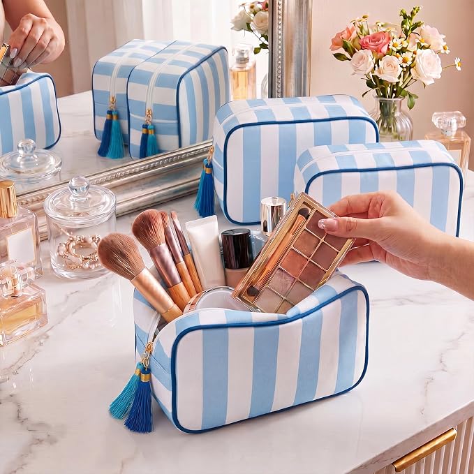 Kacctyen 6 Pack Baby Blue and White Striped Makeup Bag bulk with Tassel Travel Cosmetic Pouch Organizer Large Zipper Toiletry Case for Women Aesthetic Storage Pouch Mahjong Tile Bag - Image 3