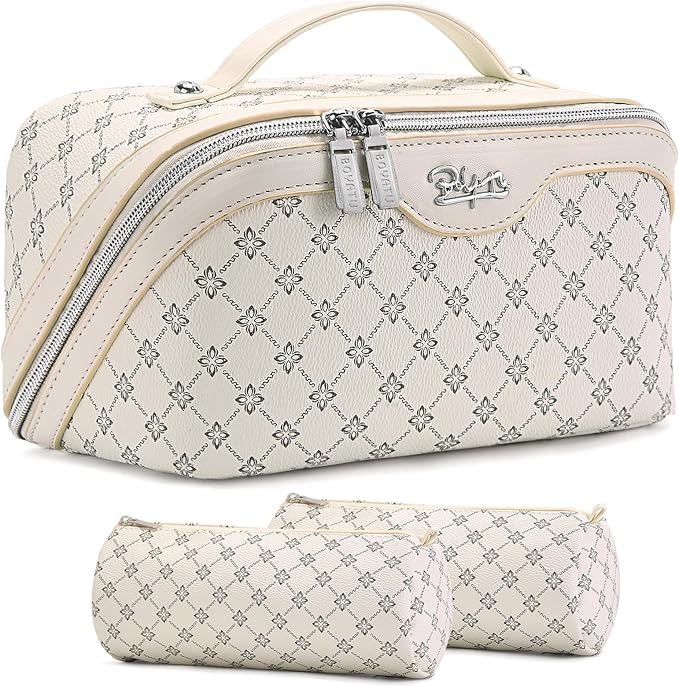 BOYATU Travel Makeup Bag Cosmetic Bags for Women: 3 Pcs Set Large Capacity Make up Bag with Handle - Vegan Leather Toiletry Bags with Compartments - Makeup Organizer for Travel Essentials(A-8-White) by BOYATU