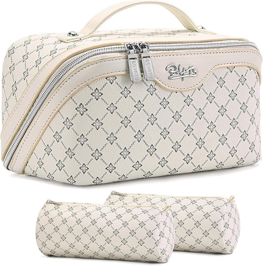 BOYATU Travel Makeup Bag Cosmetic Bags for Women: 3 Pcs Set Large Capacity Make up Bag with Handle - Vegan Leather Toiletry Bags with Compartments - Makeup Organizer for Travel Essentials(A-8-White) by BOYATU