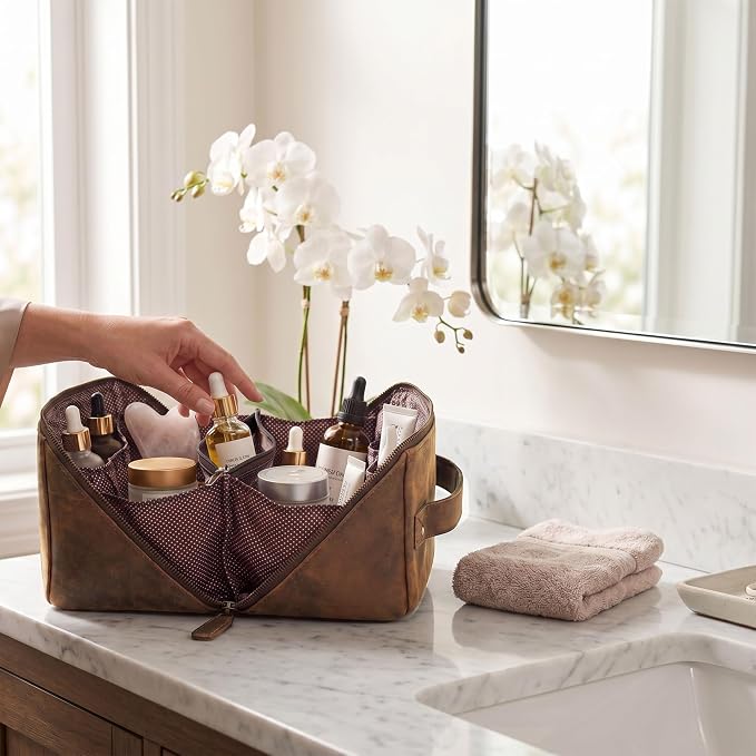 LEATHER VILLAGE Genuine Leather Travel Dopp Kit for Men & Women – Open Flat Large Capacity Cosmetic Bag with Water-Resistant Lining – Skin Care, Brushes, Shaving & Bathroom Essentials Organizer- Brown - Image 7
