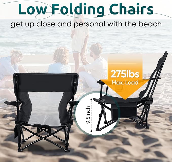 HaSteeL Folding Beach Chair Set of 2, Foldable Black Camping Chairs for Outside, Low Beach Chair Portable for Adults Fishing, Picnic, Outdoor BBQ, Travel, Sports, Cup Holder & Storage Bag - Image 7