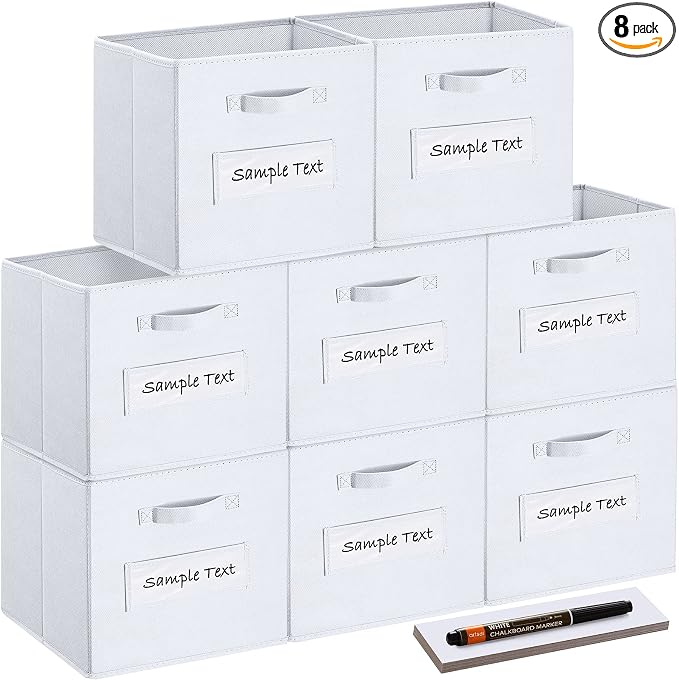 13x13x13 storage cube bins(Set of 8)Fabric storage cubes with 8 Labels Window Cards & a Pen,storage cubes 13x13, storage bin, Collapsible 13 inch cube storage bins,Cubby Organizer Boxes, White by Artsdi