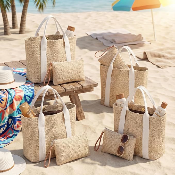 8 Set Beach Bags with Reusable Makeup Pouch Straw Gift Bag with Handle for Women Bridesmaid Bridal Wedding Gifts - Image 4