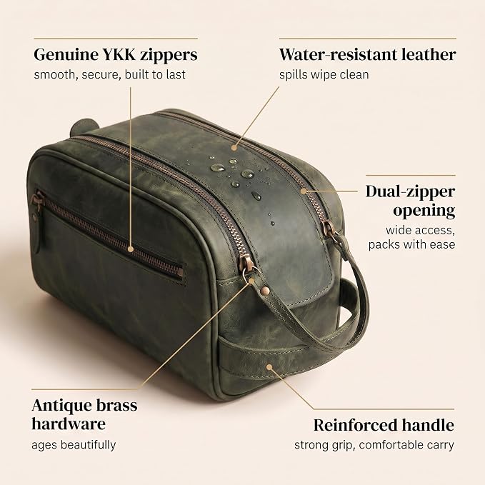 LEATHER VILLAGE Genuine Leather Toiletry Travel Pouch With Waterproof Lining - Olive | King-Size Handcrafted Vintage Dopp Kit Bag, Shaving & Bathroom Organizer, Gift for Men & Women - Image 3