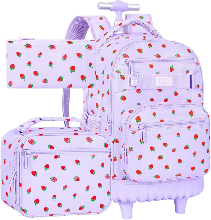 3Pcs Rolling Backpack for Girls, School Roller Bookbag with Wheels, Strawberry Wheeled Backpacks Set for Women (Purple) by FTJCF