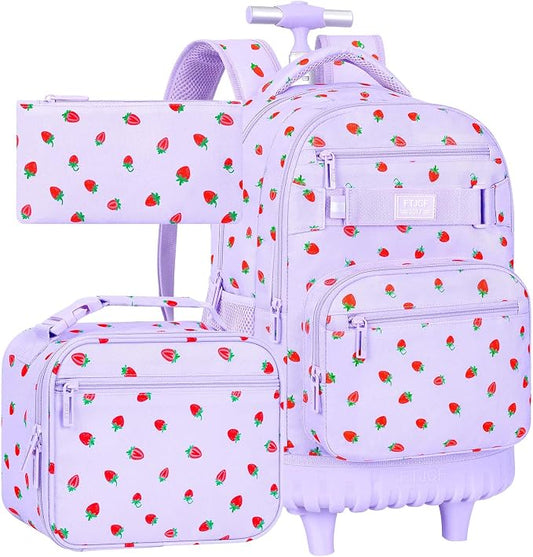 3Pcs Rolling Backpack for Girls, School Roller Bookbag with Wheels, Strawberry Wheeled Backpacks Set for Women (Purple) by FTJCF