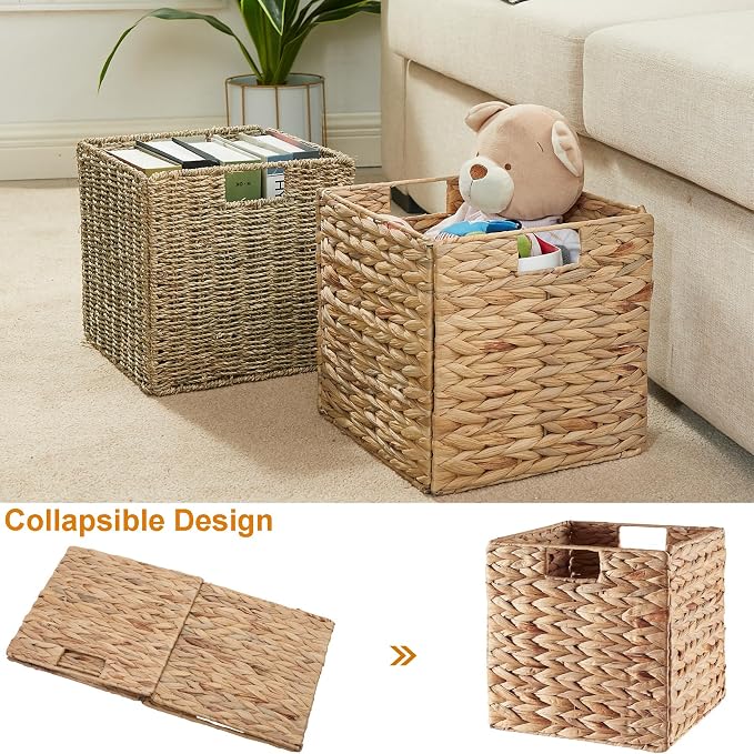 Vagusicc Wicker Storage Basket, Set of 2 Seagrass Storage Baskets, Foldable Wicker Basket 11 Inch Square Cube Storage Bins Storage Baskets for Organizing Shelf Baskets, 11''x11''x11'' - Image 6