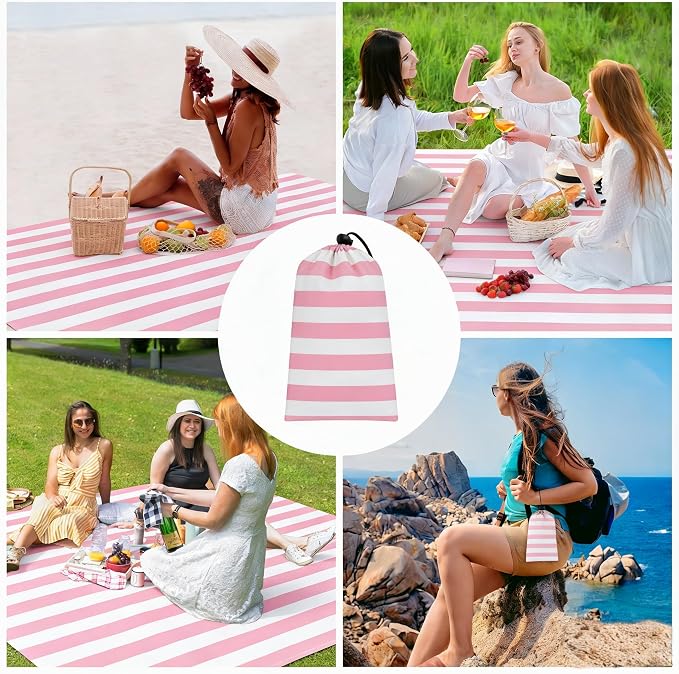 Beach Blanket Waterproof Sandproof, Large 9x10 FT Picnic Blankets for 2-8 Adults with Stakes, Sand Free Compact Pocket Beach Mat, Beach Essentials Necessities Accessories Must Haves-Pink Stripe - Image 6