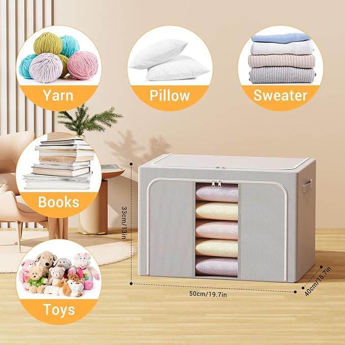 Clothes Storage Bins with Metal Frame Foldable Storage Box Clothes Organizers Storage Containers for Clothes Sheets Blankets Books Toys Gifts and Holiday Decorations (66Lx3 Pack) - Image 6