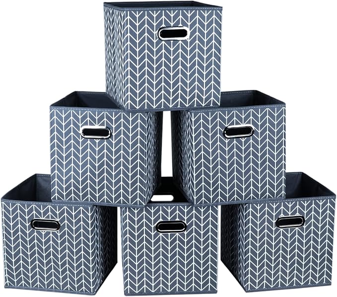Fabric Cloth Storage Bins,Fabric Cube Organizer with Dual Handles Foldable Cube Storage Baskets for Home Bedroom Storage,Set of 6,(Grey Wave) by SEVENDOME