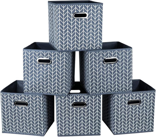 Fabric Cloth Storage Bins,Fabric Cube Organizer with Dual Handles Foldable Cube Storage Baskets for Home Bedroom Storage,Set of 6,(Grey Wave) by SEVENDOME