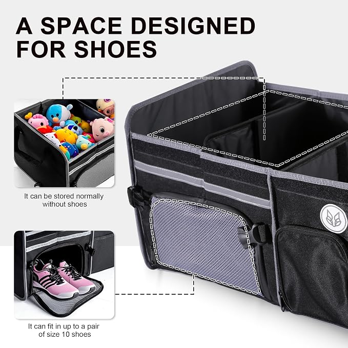 SugarFox Bold Color Block Trunk Organizer, Foldable with 26L Ice Pack,95L Dedicated Shoe Space, Stylish for SUV/Car (Black, Midsize) - Image 3