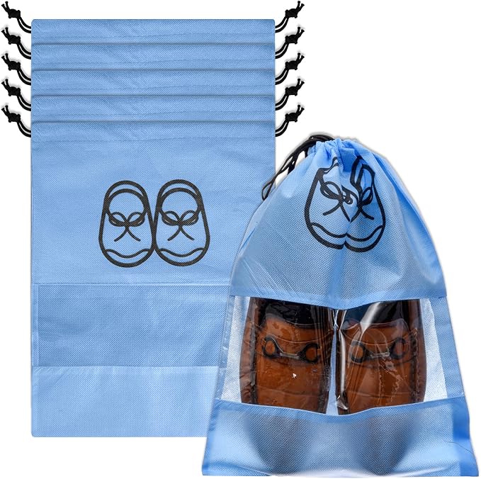 Kuber Industries Shoe Cover | Travel Shoe Storage Bags | Non-Woven Storage Bag | Shoe Cover with Drawstring | Shoe Organizer with Clear window | Plain | Pack of 6 | Sky Blue by Kuber+Industries