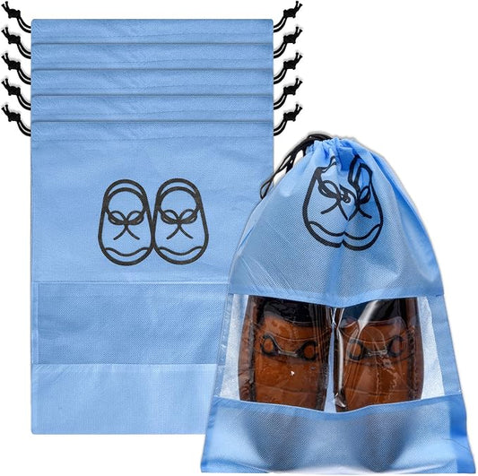 Kuber Industries Shoe Cover | Travel Shoe Storage Bags | Non-Woven Storage Bag | Shoe Cover with Drawstring | Shoe Organizer with Clear window | Plain | Pack of 6 | Sky Blue by Kuber+Industries