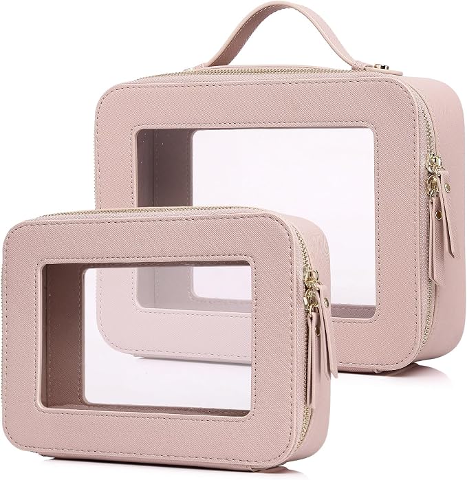 Pinkmik Clear Makeup Bag for Women Waterproof Travel Cosmetics and Toiletries Case Portable Makeup Oaganizer Bag Clear Car Bag with Zipper (Pink, M+L) by Pinkmik