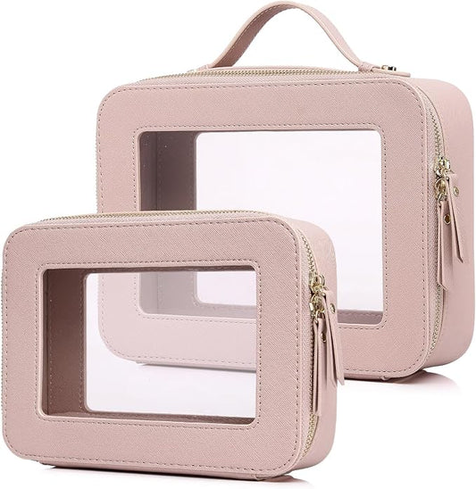 Pinkmik Clear Makeup Bag for Women Waterproof Travel Cosmetics and Toiletries Case Portable Makeup Oaganizer Bag Clear Car Bag with Zipper (Pink, M+L) by Pinkmik