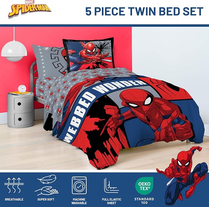 Marvel Spiderman Twin Comforter Set 5 Piece Kids Bedding for Boys, Multi | Bed in a Bag, Comforter Sheets Sham Pillowcase, Official Product, Soft Microfiber, Machine Washable, Easy Care, Boys Gift - Image 4