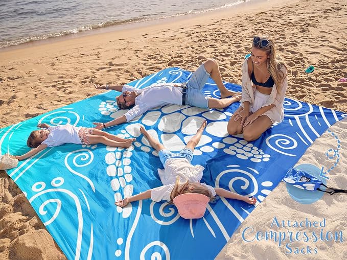 WEKAPO Beach Blanket Waterproof Sandproof Oversized Extra Large Sand Free Beach Mat with Stakes, Storage Bag - Essentials for Outdoor Beach, Picnic (Gradient Blue Sea Turtle, 8 X 7 FT (1~4 Person)) - Image 2
