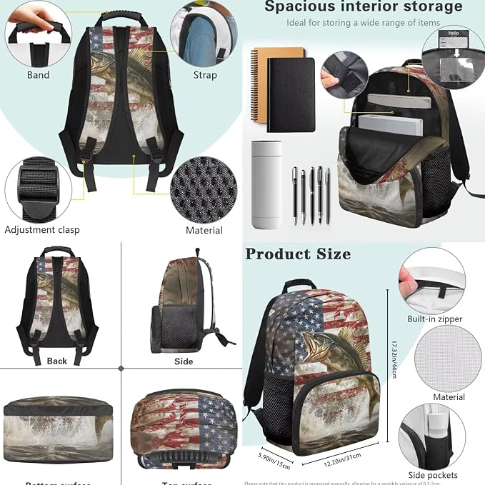 Bass Fishing Backpack 4 Pieces American Flag School Backpack with Lunch Bag Handbag Pencil Case Water Bottle Sling Bag Elementary Middle Rucksack Travel Bookbag - Image 4