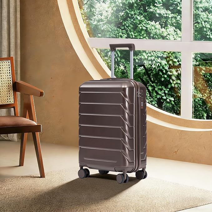 GDFStudio 20 Inch ABS Hard Shell Carry-On Luggage, Spinner Wheel Suitcase with Printed Stripe Pattern and TSA Combination Lock - Brown - Image 3