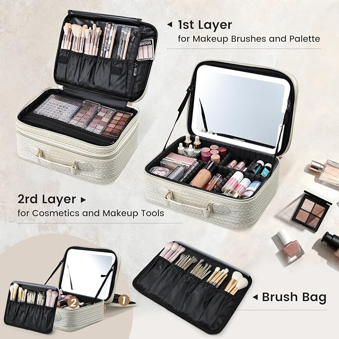 Faquenc Makeup Bag with LED Lighted Mirror 12.2 IN Cosmetic Train Case Double Layer Makeup Case Adjustable Brightness in 3 Colors Cosmetic Organizer Artist Storage with Brush Holder Vanity Beige - Image 3
