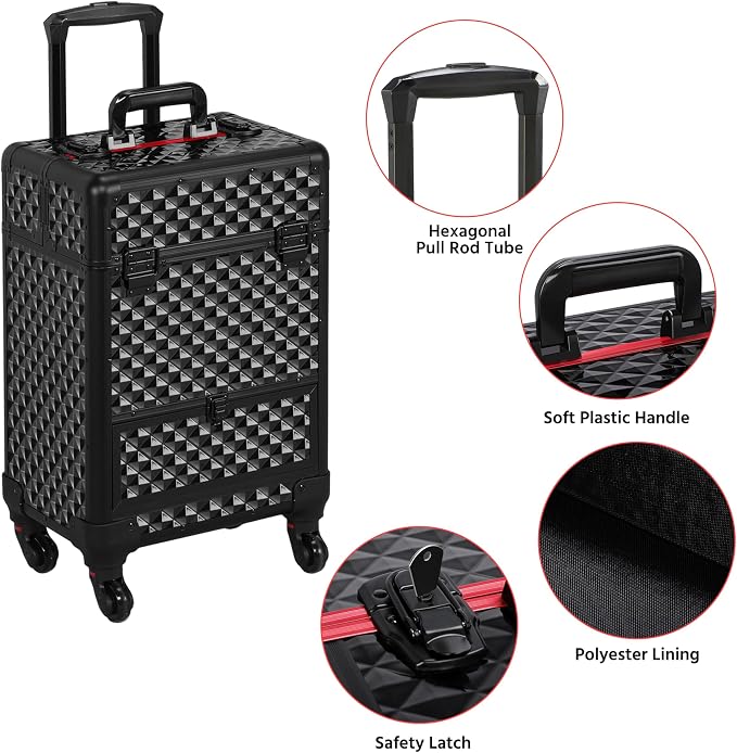 Yaheetech Rolling Makeup Train Case with a Drawer Nail Trolley Black/Red | Sturdy ABS & aluminum nail cart organizes beauty supplies in side trays and a drawer, rolls smoothly & lockable for travel - Image 4
