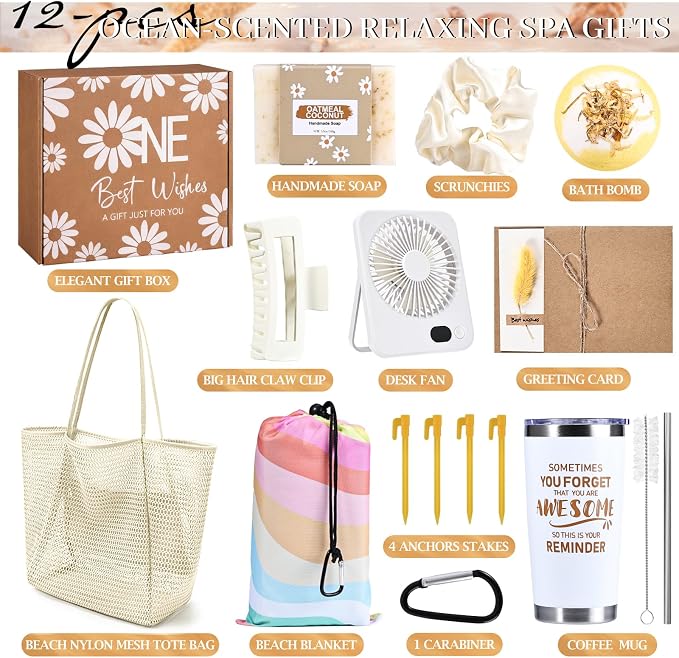 Beferr Mothers Day Beach Gifts Basket for Women, 79" X 83" Beach Blanket Waterproof Sandproof, Beach Mesh Tote Bags, Birthday Baskets for Her Wife Mom Sister Grandma Friend - Image 3