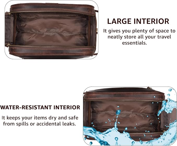 Premium Leather King Size Toiletry Travel Pouch – Handcrafted Dopp Kit with Waterproof Lining, Spacious Design for Travel Essentials, Elegant Cherry Finish - Image 3