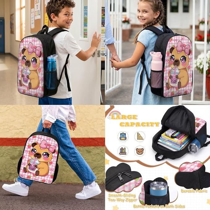 Cute Capybara Backpack for School Girls 2nd Grade : 17in Strawberry Bookbag with Lunch Box Set - 4 in 1 Elementary Student Book Bag for Kids 6-8-10 - Image 3
