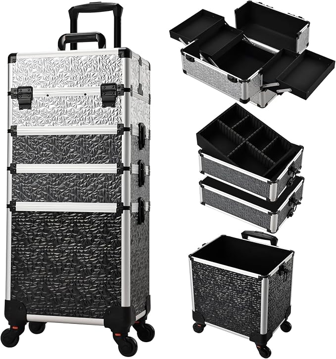 Stagiant Rolling Makeup Train Case Cosmetology Case on Wheels 4 in 1 Large Cosmetic Case with Wheels Makeup Travel Case with Keys Nail Kits Organizer Artist Salon Storage Traveling Cart Trunk Tricolor by Stagiant