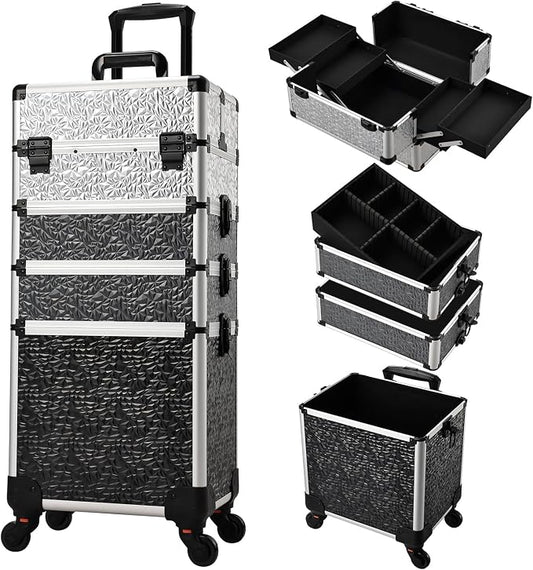 Stagiant Rolling Makeup Train Case Cosmetology Case on Wheels 4 in 1 Large Cosmetic Case with Wheels Makeup Travel Case with Keys Nail Kits Organizer Artist Salon Storage Traveling Cart Trunk Tricolor by Stagiant