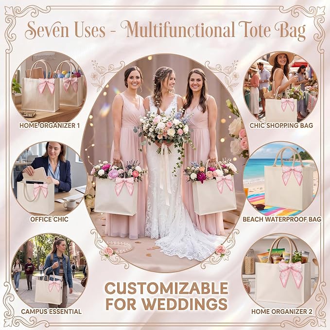 Glenmal 6 Pcs Burlap Bride Wedding Tote Bag Large Burlap Jute Tote Wedding Gift 14.2 x 12.6 x 6.3 Inch Waterproof Reusable Grocery Bag with Pink Floral Ribbon for Bridesmaid Gift Beach Pool Travel - Image 7
