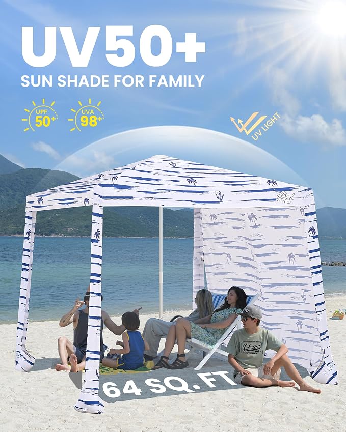 Qipi Beach Cabanas for Sand, Beach Canopy with Sandbags & Side Wall for Family, Easy Set Up Sun Shelter, UPF 50+ UV Protection with Roof Vent - Image 4