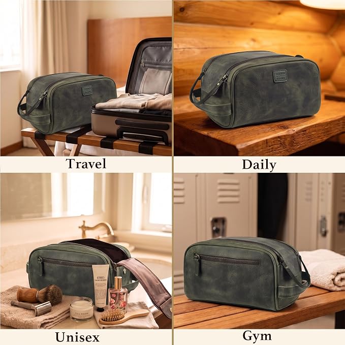 LEATHER VILLAGE Genuine Leather Toiletry Travel Pouch With Waterproof Lining - Olive | King-Size Handcrafted Vintage Dopp Kit Bag, Shaving & Bathroom Organizer, Gift for Men & Women - Image 7