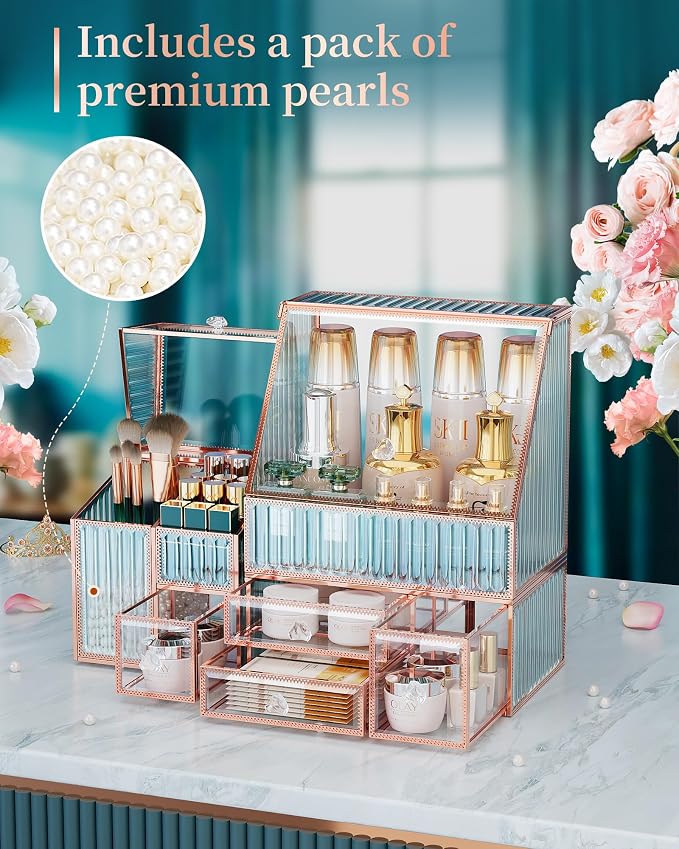 Youdepot Glass Makeup Organizer - Multi-Functional 3-in-1 Cosmetic Organizer for Skincare, Lipstick, Brushes - Vanity Organizer & Bathroom Organizer - Image 4