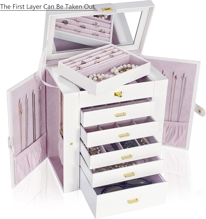 AKOZLIN 6-Tier Jewelry Box Organizer Functional 5 Drawers Leather Jewelry Storage Case for Women Girls Ring Necklace Earring Bracelet Holder Organizer with Mirror Extra Large White - Image 2