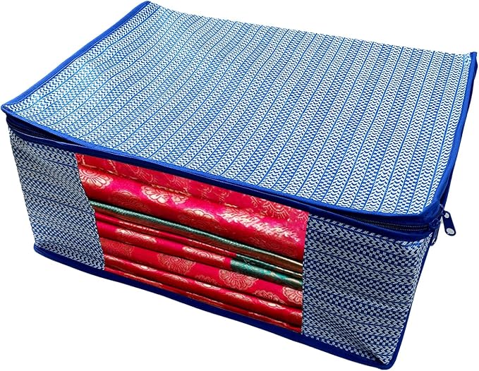 ANKIT INTERNATIONAL Saree Cover Storage Bags Pack of 09 – Non Woven Foldable Clothes Storage Organizer with Zipper & Clear Window, Wardrobe Garment Storage for Sarees, Dresses (Blue) - Image 5
