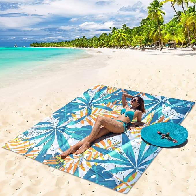 WIWIGO Beach Blanket Sandproof Extra Large Beach Mat Adults Waterproof Quick Drying Sand Free Mat Made by Premium Polyester with 4 Stakes & 4 Corner Pockets for Outdoor Travel Camping Hiking - Image 5
