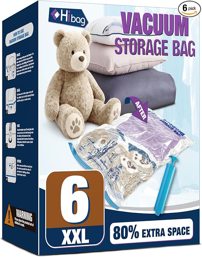 XXL Jumbo Vacuum Seal Storage Bags Extra Large for Clothing Bedding | 47''X35'', Airtight Triple Seal, Save 80% Space, Hand Pump, Work with Vacuum, Double Zip, Reusable, Easy to Use, 6 pack by HIBAG