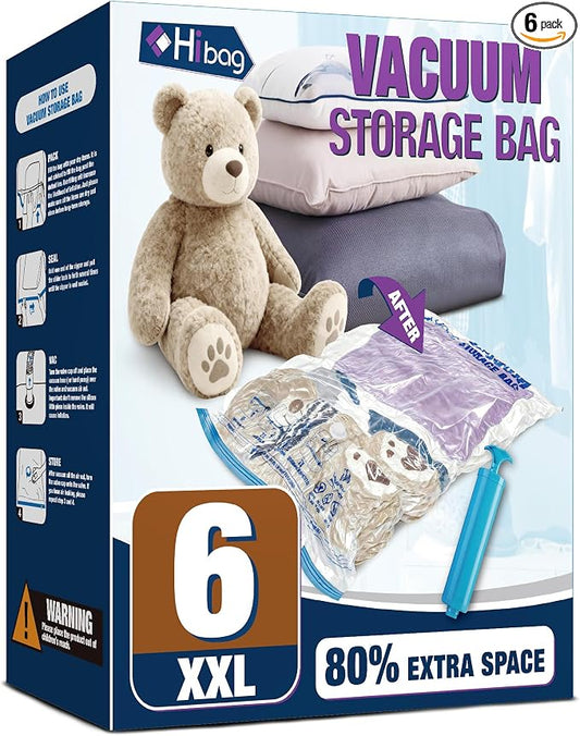 XXL Jumbo Vacuum Seal Storage Bags Extra Large for Clothing Bedding | 47''X35'', Airtight Triple Seal, Save 80% Space, Hand Pump, Work with Vacuum, Double Zip, Reusable, Easy to Use, 6 pack by HIBAG