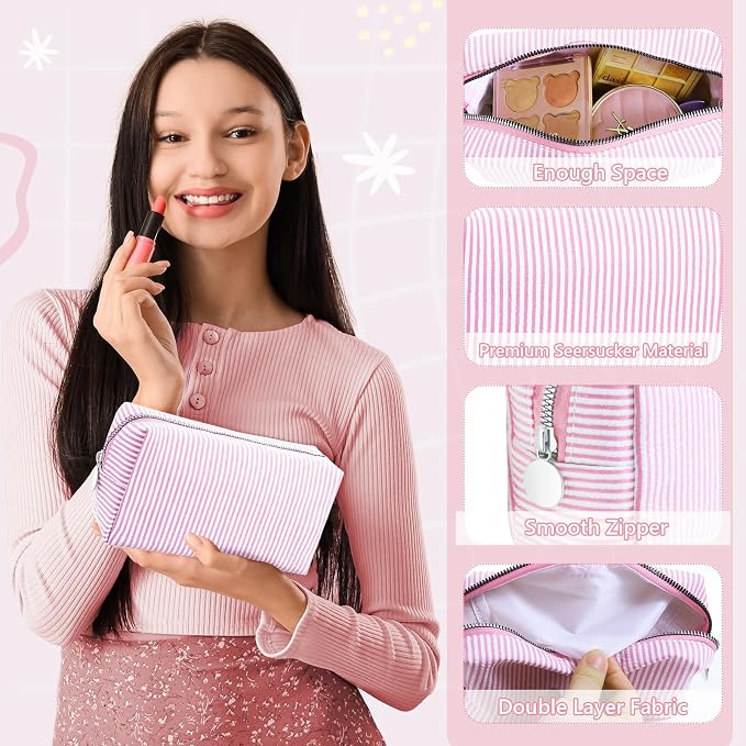 Giesiery 8 Pcs Seersucker Makeup Bags Striped Cosmetic Bags Bulk Organizer for Women Preppy Travel Toiletry Pouch for Wedding Bridesmaid Gifts (Light Pink, Medium) - Image 3