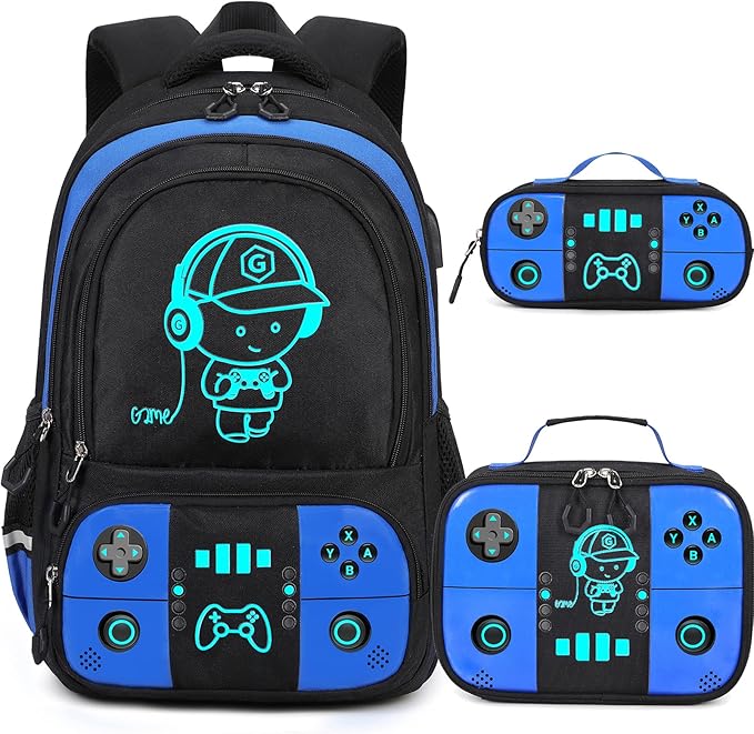 Bevalsa Backpack for School Boys, Cool Luminous Gamer Boys Schoolbag with Lunch Box & Pencil Case Set for Kids Teens Elementary Middle School, Bookbag Glow In The Dark(Blue Backpack) by Bevalsa