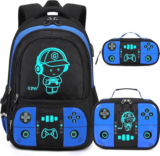 Bevalsa Backpack for School Boys, Cool Luminous Gamer Boys Schoolbag with Lunch Box & Pencil Case Set for Kids Teens Elementary Middle School, Bookbag Glow In The Dark(Blue Backpack) by Bevalsa