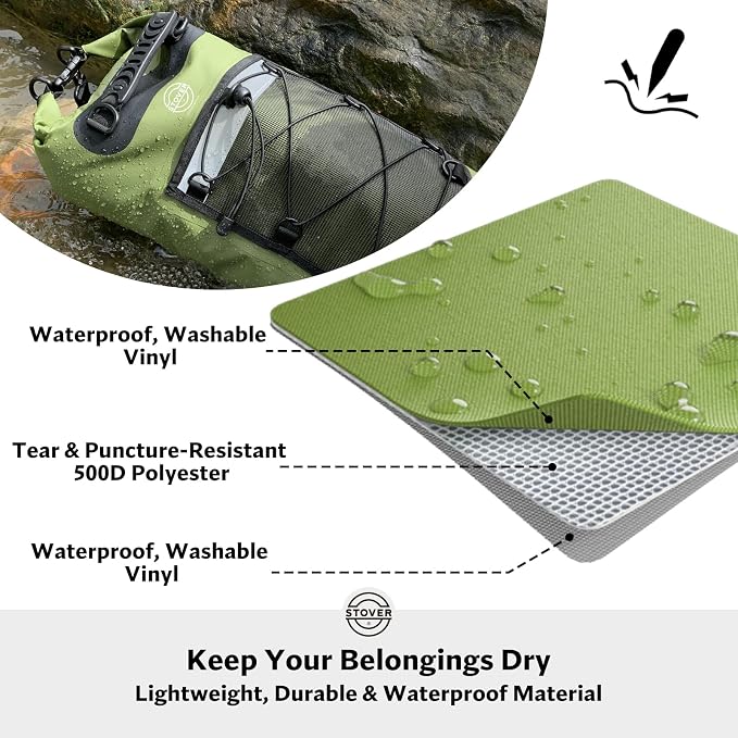 STOVER 5/10/25/30/40L Waterproof Dry Backpack & Phone Case- Large Floating Dry Bag for Kayaking, Travel, Hiking, Fishing, Camping, Motorcycles & Beach, Heavy-Duty Roll Top Men/Women (Green) - Image 2