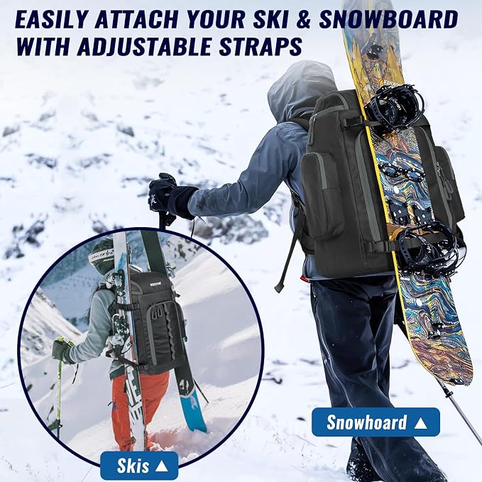 Ski Boot Bag, 65L Durable Travel Backpack, 1680D Nylon Waterproof Snowboard Boot Bag, Skiing and Snowboarding Travel Luggage for Helmet, Goggles, Gloves, Outerwear & Accessories - Image 5